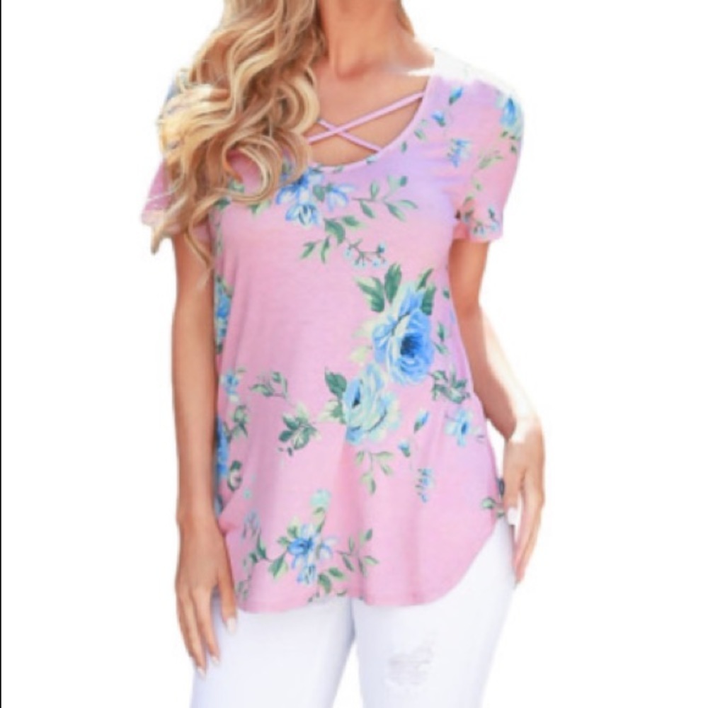Baby Pink Crisscross Floral Tee